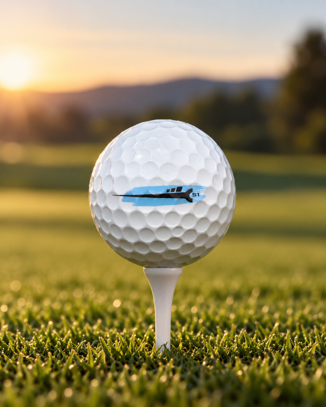 White HeMe S1 golf ball on a tee at golden hour, showing the blue and black alignment line